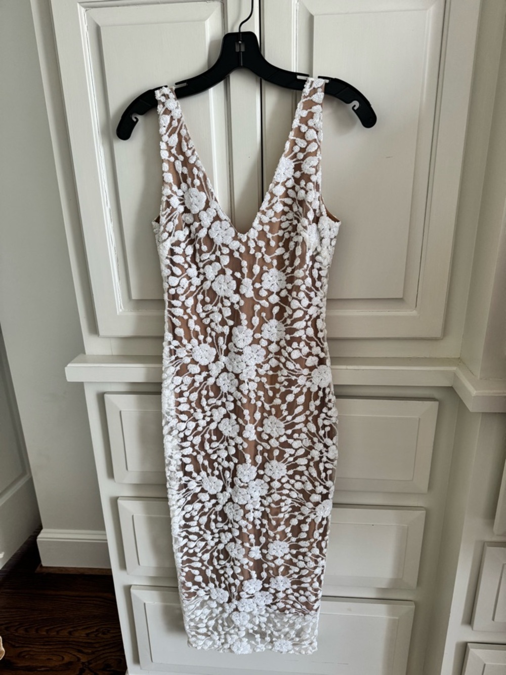 NADINE MERABI White Floral Lace Midi Dress on Nude Base